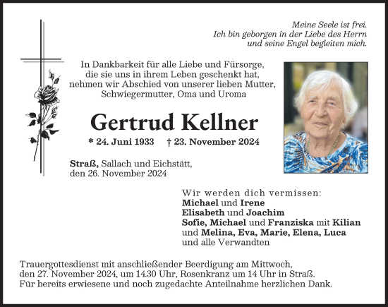 Traueranzeige von Gertrud Kellner von Neuburger Rundschau