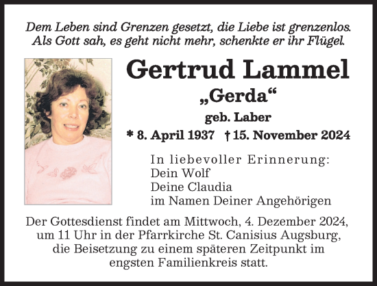 Traueranzeige von Gertrud Lammel von Augsburger Allgemeine