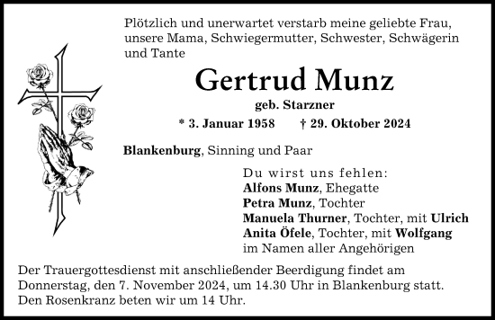 Traueranzeige von Gertrud Munz von Wertinger Zeitung, Augsburg-Land