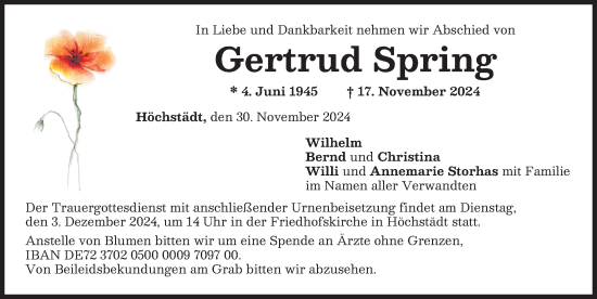 Traueranzeige von Gertrud Spring von Donau Zeitung