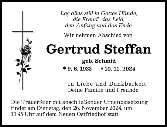 Traueranzeige von Gertrud Steffan von Augsburger Allgemeine