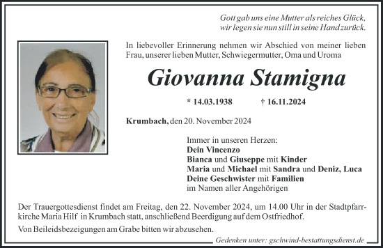 Traueranzeige von Giovanna Stamigna von Mittelschwäbische Nachrichten