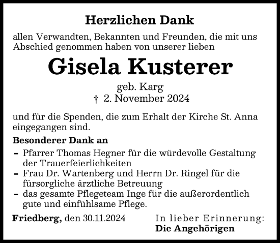 Traueranzeige von Gisela Kusterer von Augsburger Allgemeine