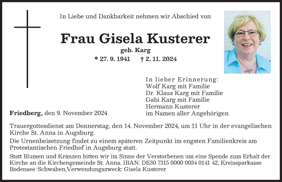 Traueranzeige von Gisela Kusterer von Augsburger Allgemeine