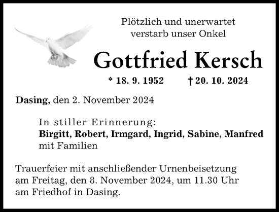Traueranzeige von Gottfried Kersch von Friedberger Allgemeine