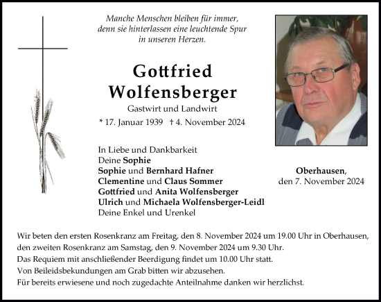 Traueranzeige von Gottfried Wolfensberger von Neuburger Rundschau