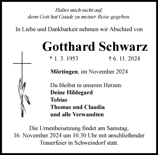 Traueranzeige von Gotthard Schwarz von Rieser Nachrichten