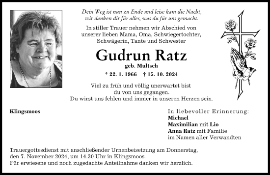 Traueranzeige von Gudrun Ratz von Neuburger Rundschau