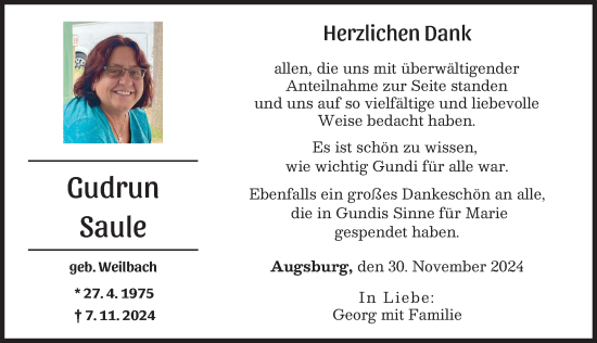 Traueranzeige von Gudrun Saule von Mittelschwäbische Nachrichten, Augsburger Allgemeine