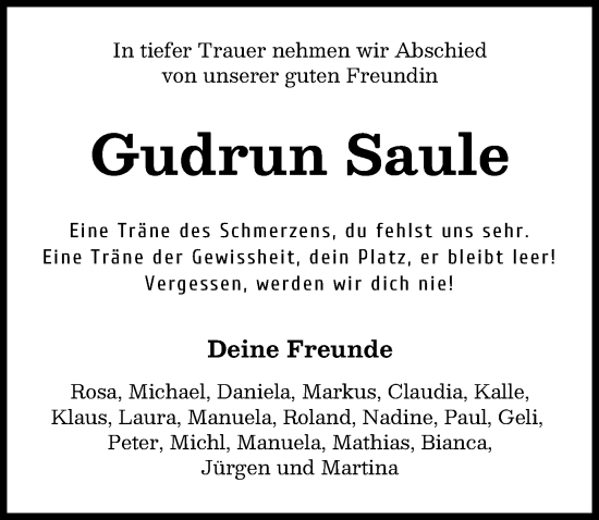 Traueranzeige von Gudrun Saule von Augsburger Allgemeine