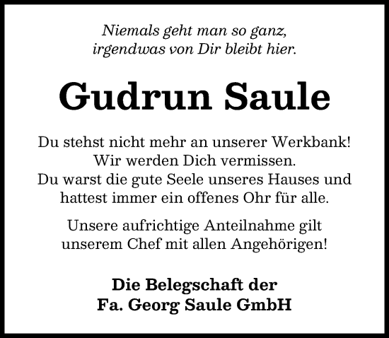 Traueranzeige von Gudrun Saule von Augsburger Allgemeine