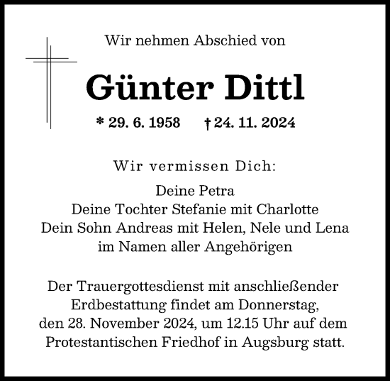 Traueranzeige von Günter Dittl von Augsburger Allgemeine