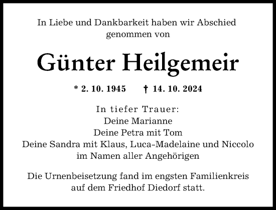 Traueranzeige von Günter Heilgemeir von Augsburger Allgemeine