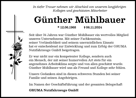 Traueranzeige von Günther Mühlbauer von Friedberger Allgemeine