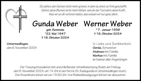 Traueranzeige von Gunda Weber von Donau Zeitung