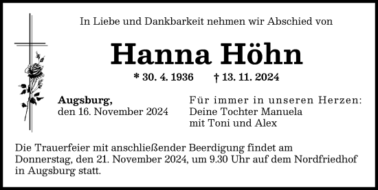 Traueranzeige von Hanna Höhn von Augsburger Allgemeine