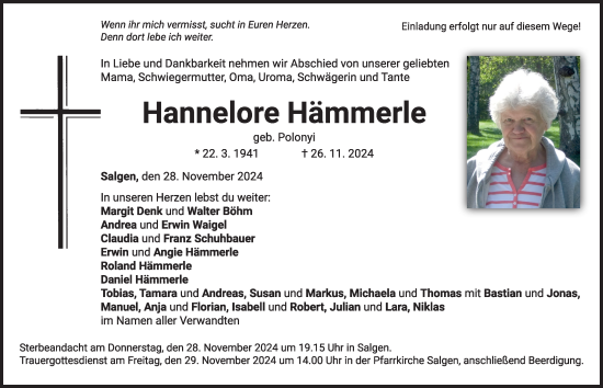 Traueranzeige von Hannelore Hämmerle von Mindelheimer Zeitung