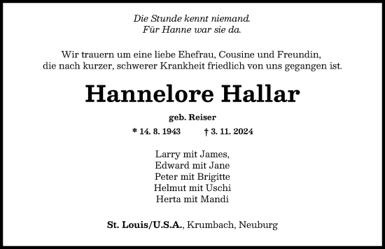 Traueranzeige von Hannelore Hallar von Mittelschwäbische Nachrichten
