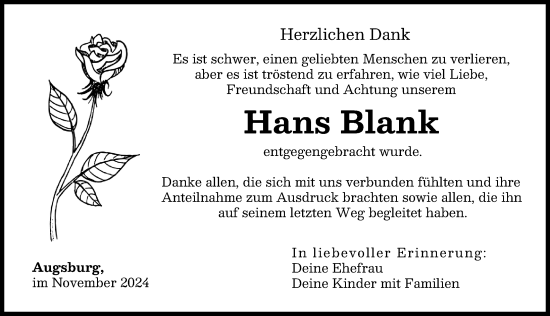 Traueranzeige von Hans Blank von Augsburger Allgemeine