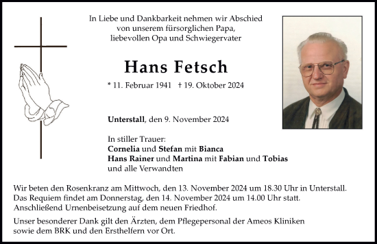 Traueranzeige von Hans Fetsch von Neuburger Rundschau