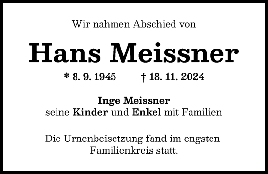 Traueranzeige von Hans Meissner von Neu-Ulmer Zeitung