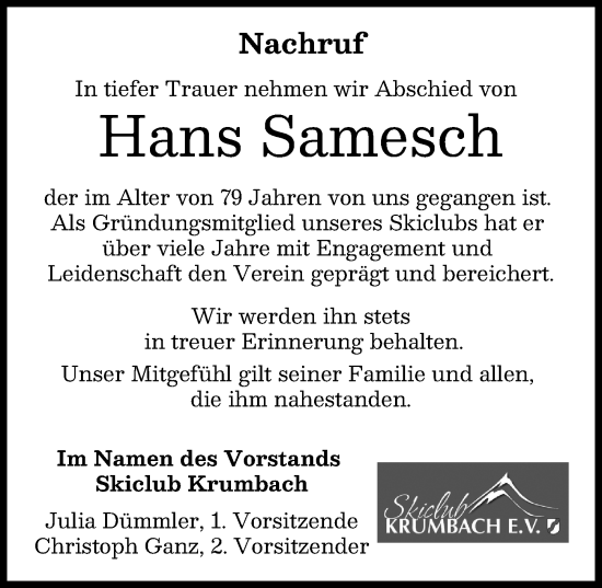Traueranzeige von Hans Samesch von Mittelschwäbische Nachrichten
