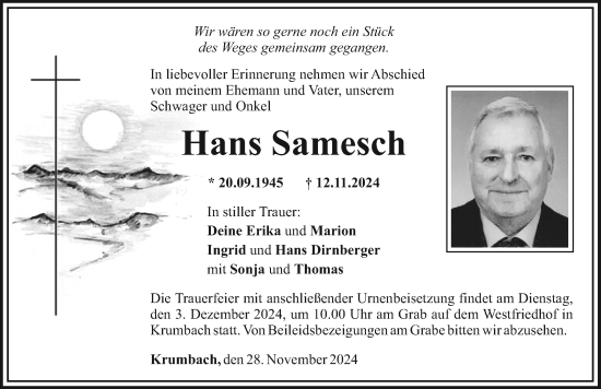 Traueranzeige von Hans Samesch von Mittelschwäbische Nachrichten