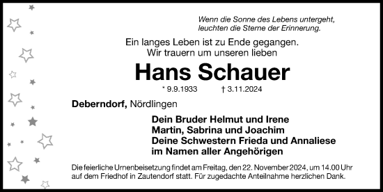 Traueranzeige von Hans Schauer von Rieser Nachrichten