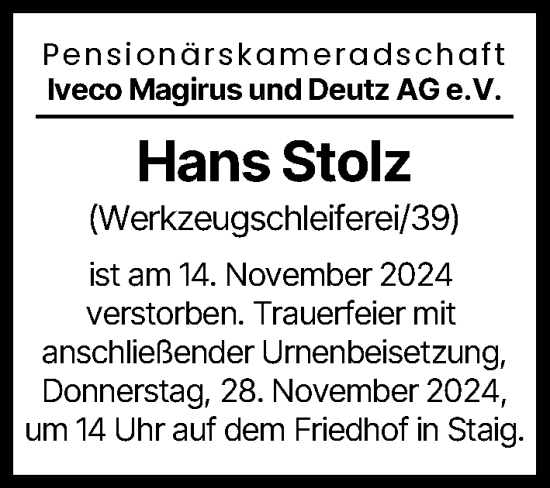 Traueranzeige von Hans Stolz von Illertisser Zeitung, Günzburger Zeitung, Neu-Ulmer Zeitung