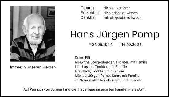 Traueranzeige von Hans Jürgen Pomp von Augsburger Allgemeine, Wertinger Zeitung