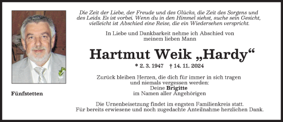 Traueranzeige von Hartmut Weik von Donauwörther Zeitung