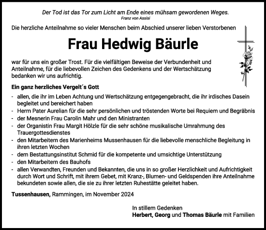 Traueranzeige von Hedwig Bäurle von Mindelheimer Zeitung