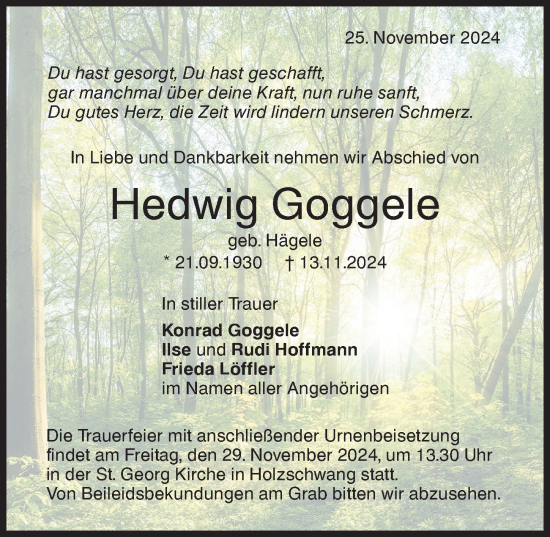 Traueranzeige von Hedwig Goggele von Augsburger Allgemeine, Neu-Ulmer Zeitung