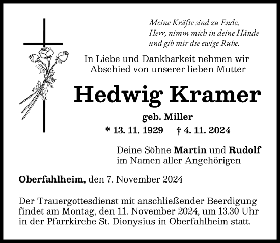 Traueranzeige von Hedwig Kramer von Neu-Ulmer Zeitung