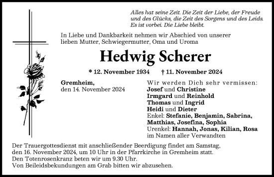 Traueranzeige von Hedwig Scherer von Donau Zeitung
