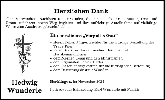 Traueranzeige von Hedwig Wunderle von Rieser Nachrichten