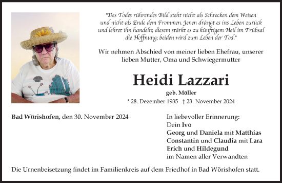 Traueranzeige von Heidi Lazzari von Mindelheimer Zeitung