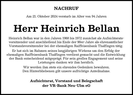 Traueranzeige von Heinrich Bellan von Neu-Ulmer Zeitung