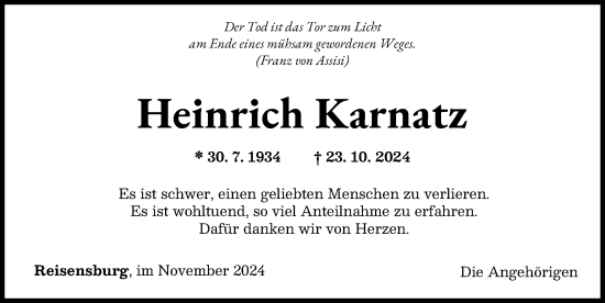 Traueranzeige von Heinrich Karnatz von Günzburger Zeitung