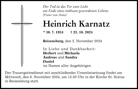 Traueranzeige von Heinrich Karnatz von Günzburger Zeitung