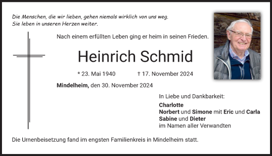 Traueranzeige von Heinrich Schmid von Mindelheimer Zeitung