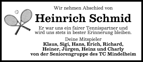 Traueranzeige von Heinrich Schmid von Mindelheimer Zeitung