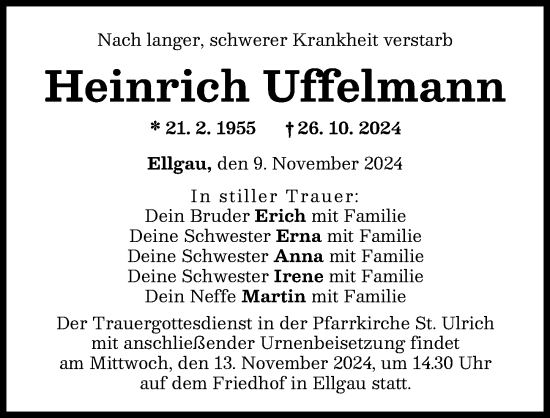Traueranzeige von Heinrich Uffelmann von Augsburg-Land