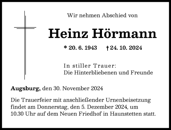 Traueranzeige von Heinz Hörmann von Augsburger Allgemeine