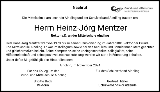 Traueranzeige von Heinz-Jörg Mentzer von Aichacher Nachrichten