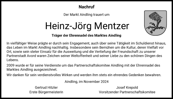 Traueranzeige von Heinz-Jörg Mentzer von Aichacher Nachrichten
