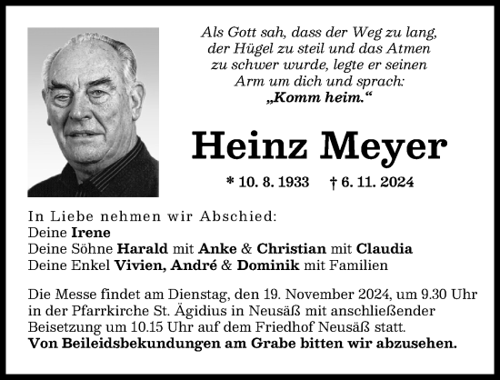 Traueranzeige von Heinz Meyer von Augsburger Allgemeine