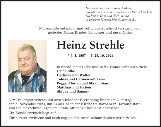 Traueranzeige von Heinz Strehle von Donau Zeitung