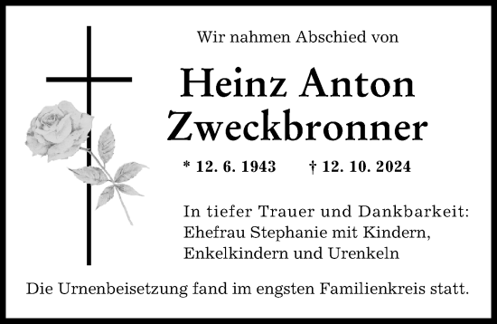 Traueranzeige von Heinz Anton Zweckbronner von Augsburger Allgemeine