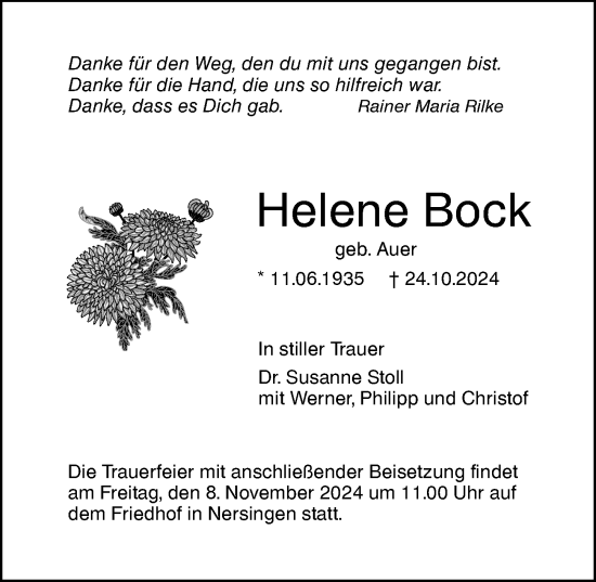 Traueranzeige von Helene Bock von Augsburger Allgemeine, Neu-Ulmer Zeitung